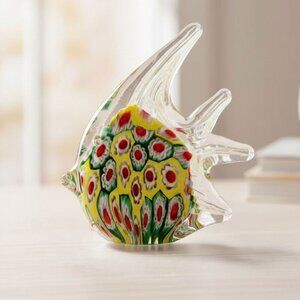 Vibrant Millefiori Murano Style Glass Angel Fish Paperweight Decor Yellow Red